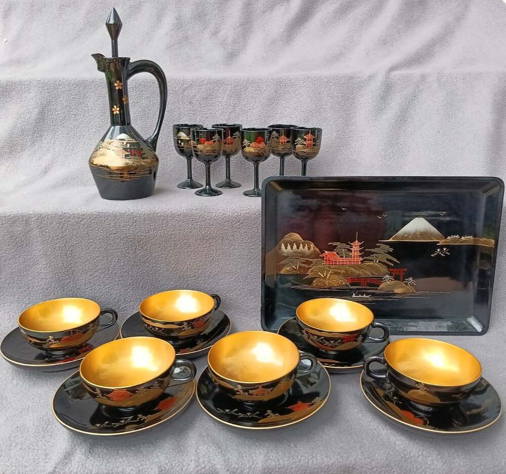20pc 1968 Japanese Lacquer Tea Set Tray Cups Saucers + Sake Decanter Goblets